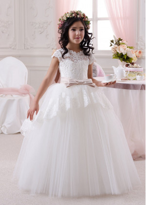 Ivory Lace Tulle Cap Sleeves Long Princess Flower Girl Dress 